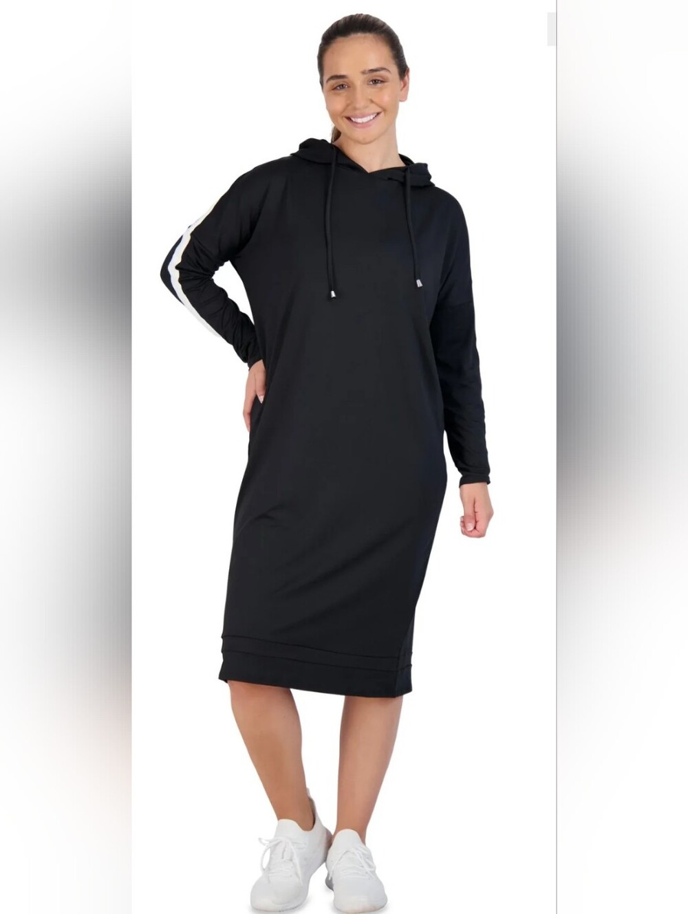 SNOGA Black Hooded Long Sleeve Dress with Cream Stripe